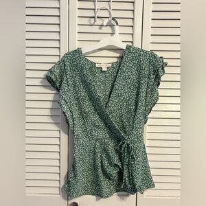Monteau Green Floral Wrap Top